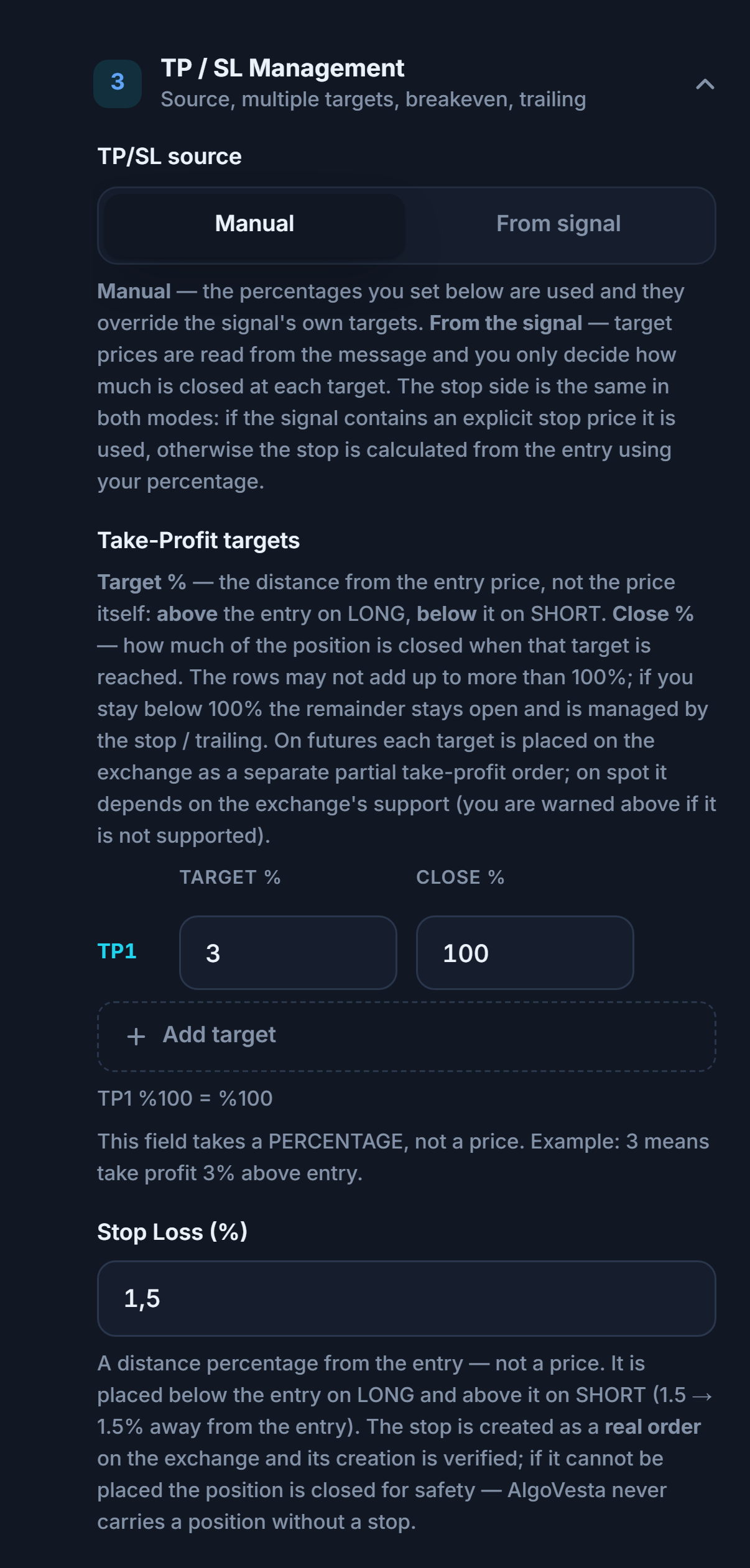 Manual TP/SL Management: TP/SL source, Take-Profit targets table, Add target, and Stop Loss percentage field