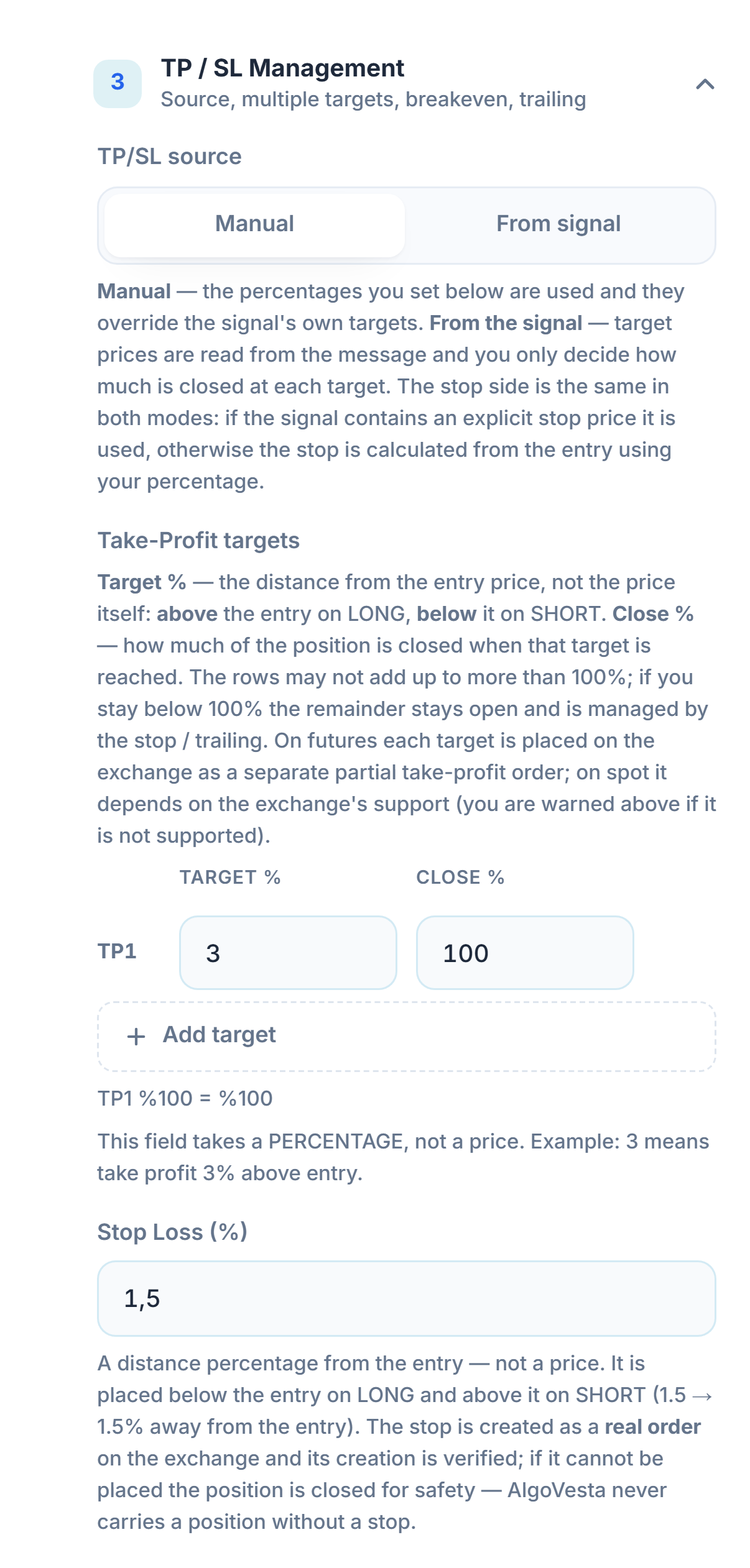 Manual TP/SL Management: TP/SL source, Take-Profit targets table, Add target, and Stop Loss percentage field
