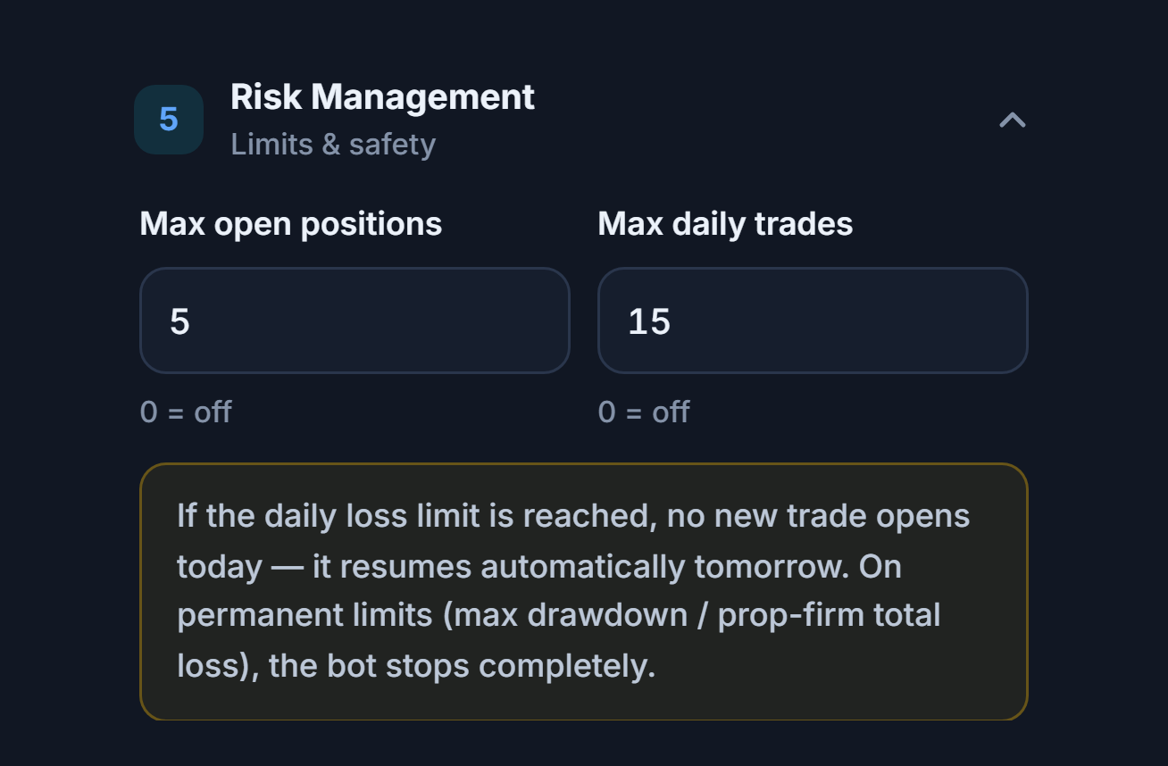 Risk Management, quick mode: Max open positions and Max daily trades