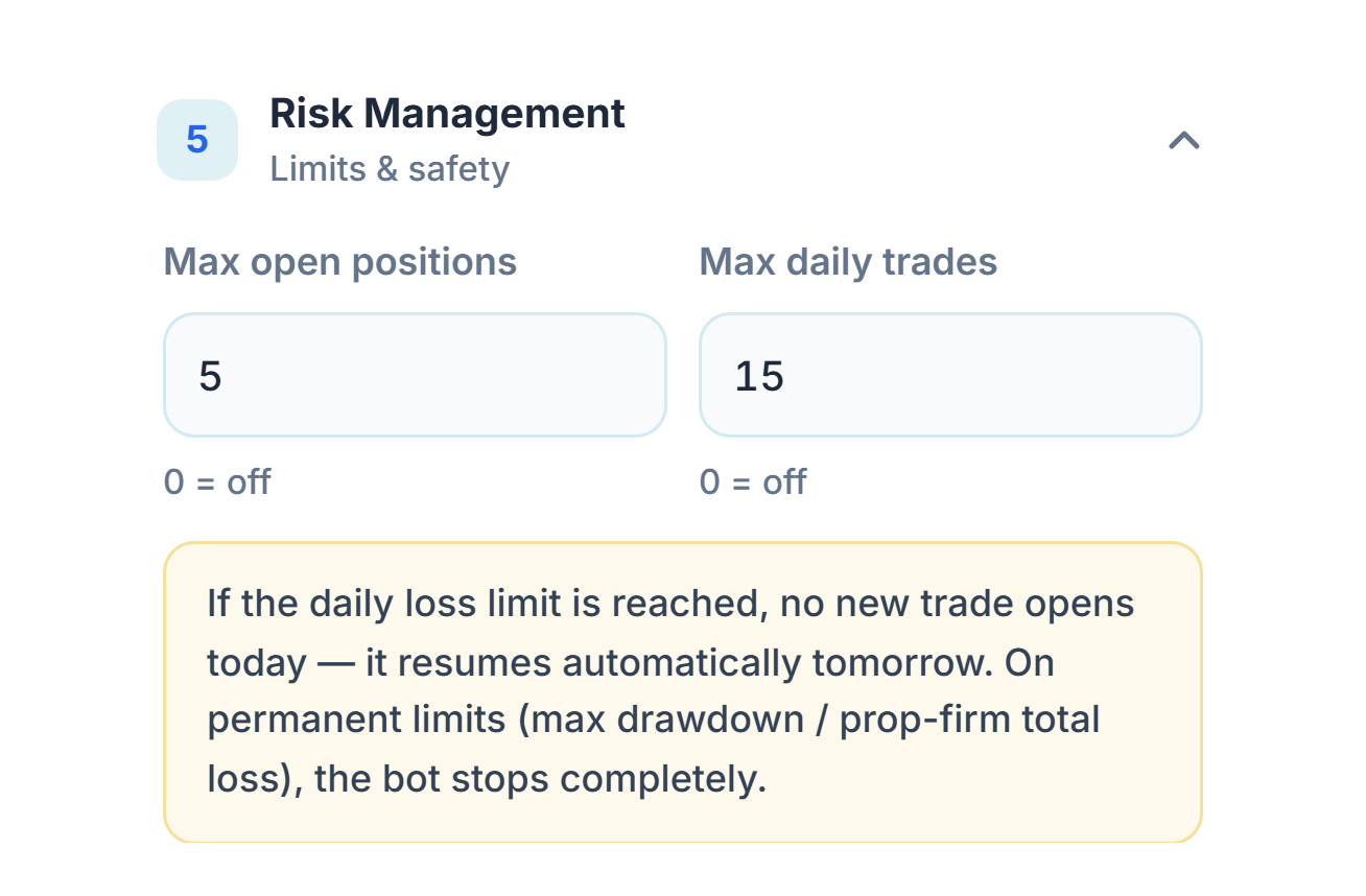Risk Management, quick mode: Max open positions and Max daily trades