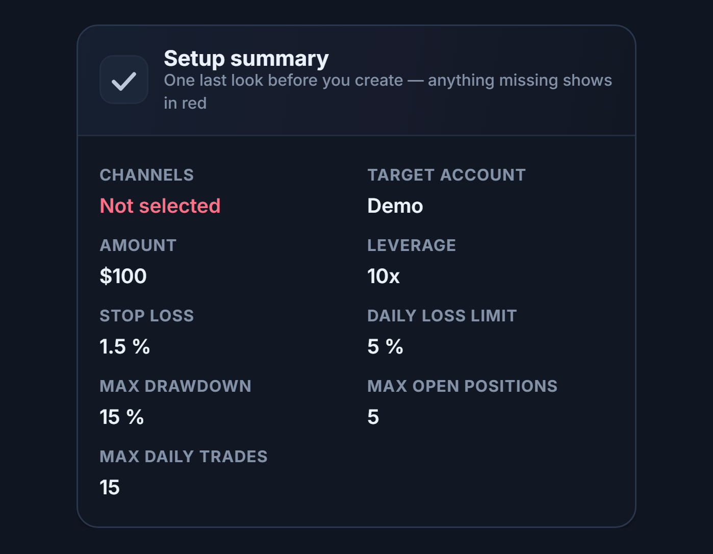 Setup summary: red Not selected in the Channel field, Demo shown in the Target account field