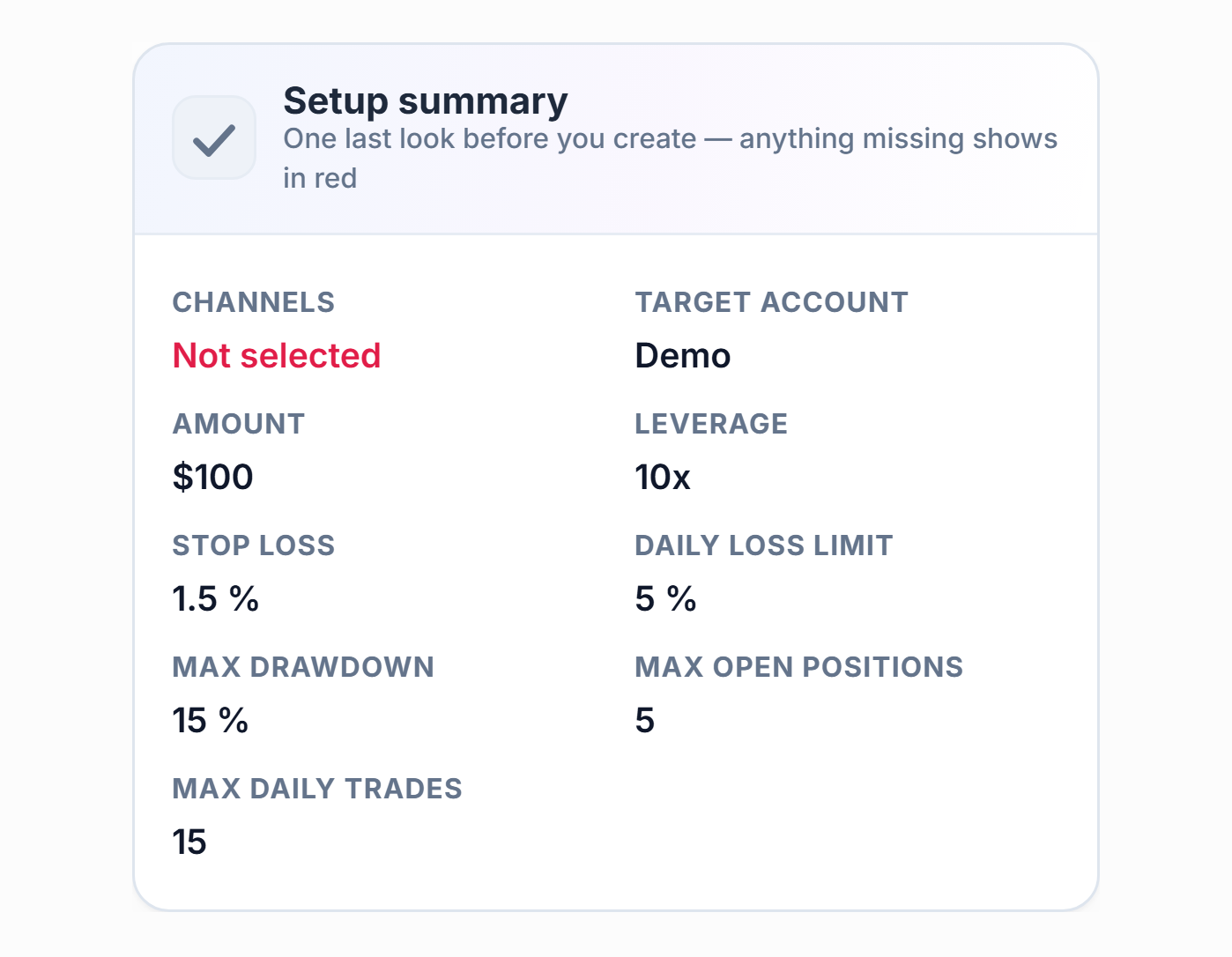 Setup summary: red Not selected in the Channel field, Demo shown in the Target account field