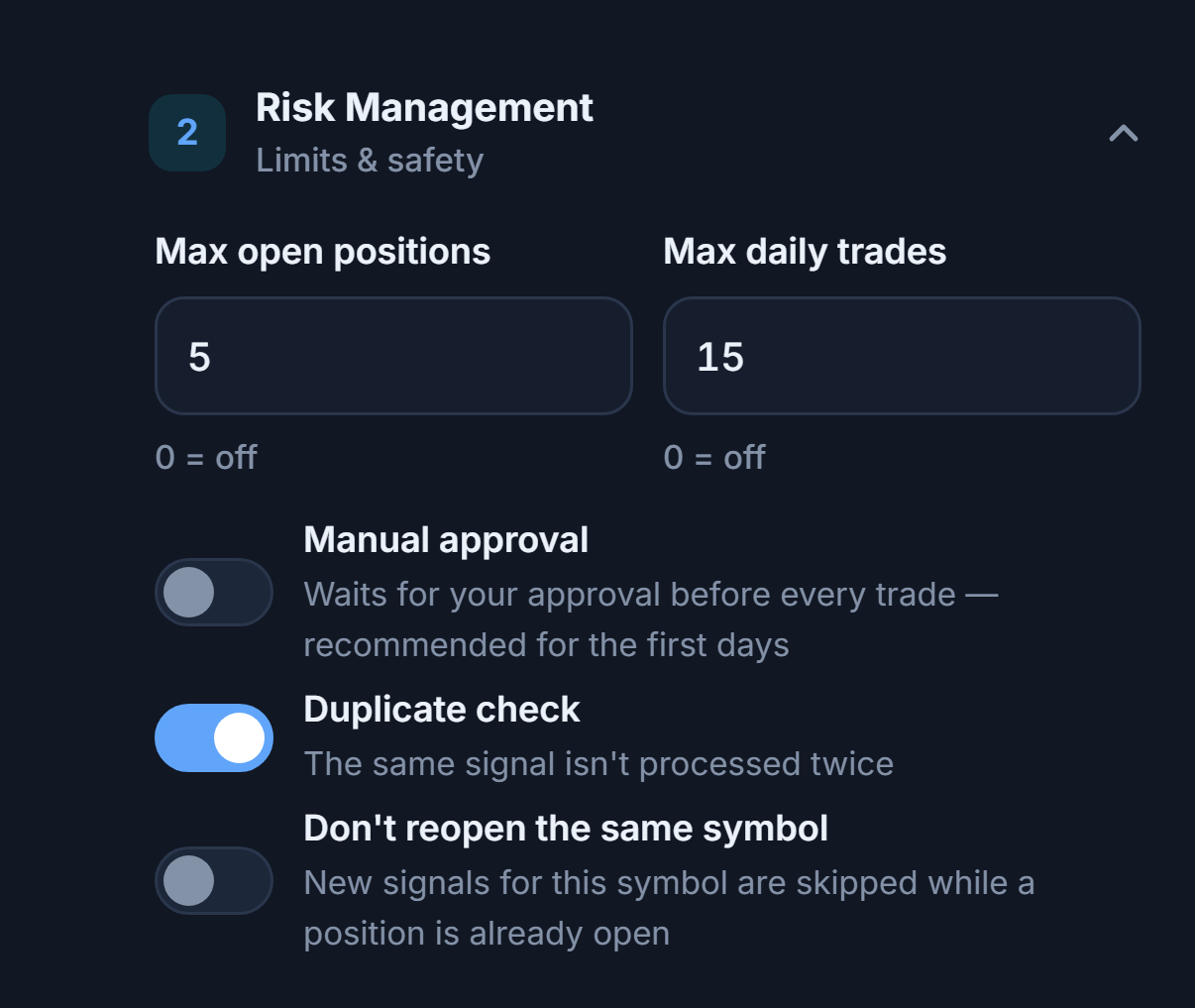 Advanced Risk Management: max open positions and daily trades, Manual approval with a red warning, Duplicate check, Don't reopen the same symbol, Allow before close in minutes