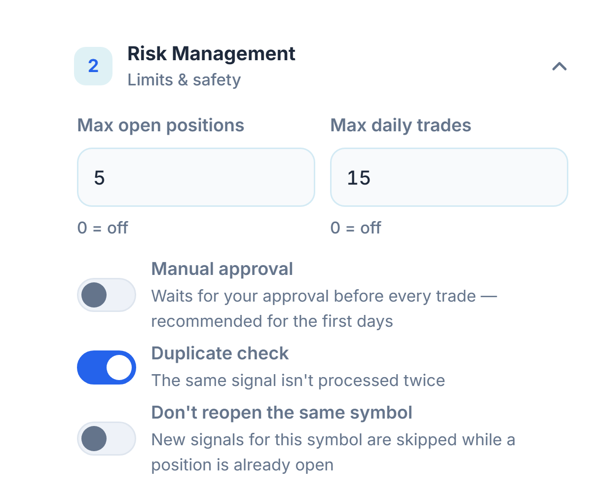 Advanced Risk Management: max open positions and daily trades, Manual approval with a red warning, Duplicate check, Don't reopen the same symbol, Allow before close in minutes