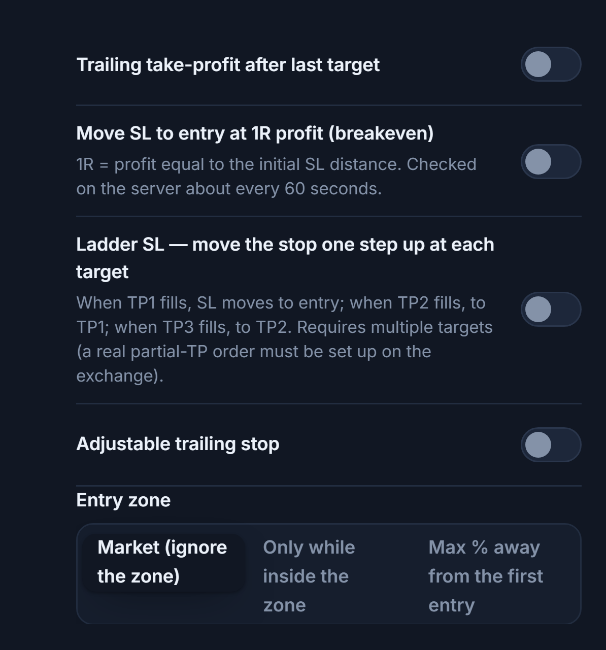 SL/TP management column: trailing take-profit, breakeven, Ladder SL, adjustable trailing stop with activation/pullback fields, Entry zone