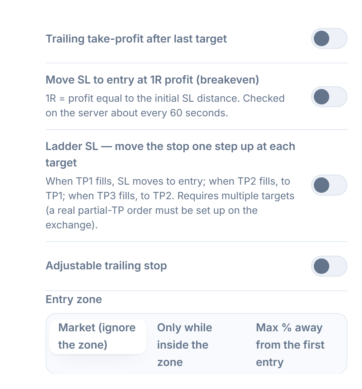 SL/TP management column: trailing take-profit, breakeven, Ladder SL, adjustable trailing stop with activation/pullback fields, Entry zone