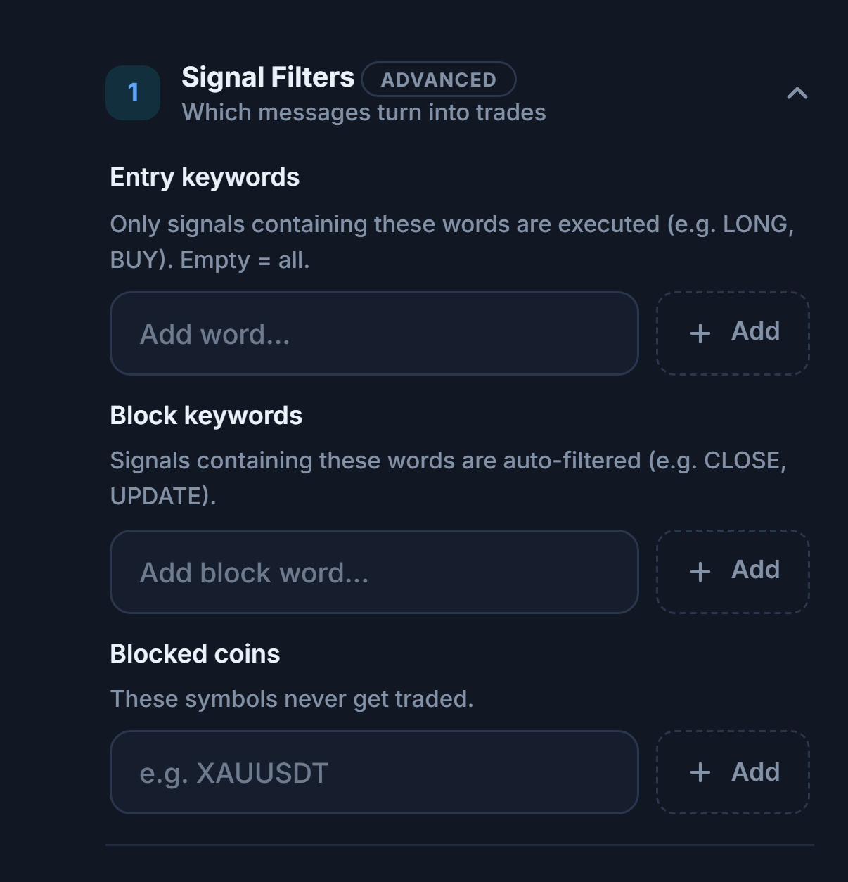 Signal Filters: Entry keywords, Block keywords, and Blocked coins