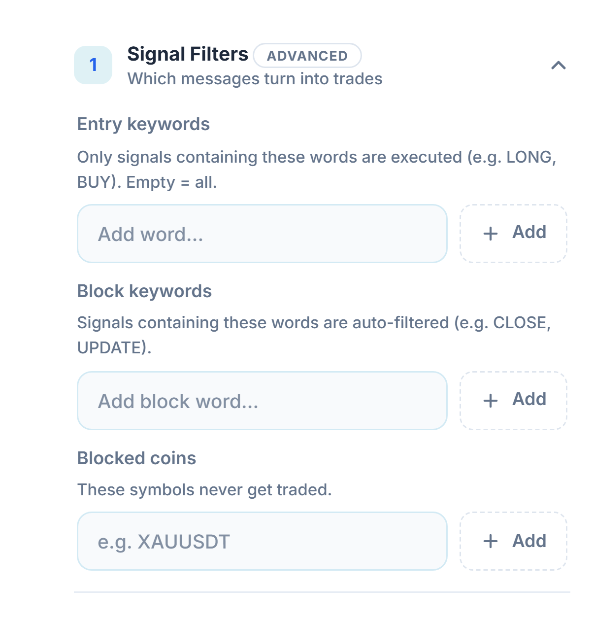 Signal Filters: Entry keywords, Block keywords, and Blocked coins
