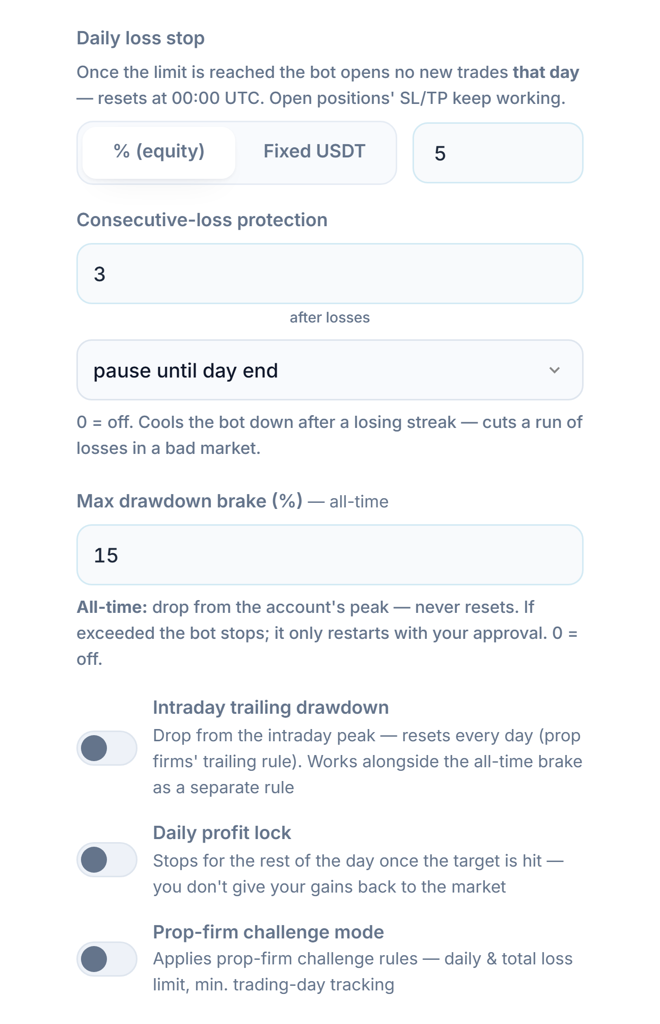Protection Shield advanced, loss column: daily loss, consecutive losses, max drawdown, intraday trailing drawdown, intraday drawdown limit and reset hour, daily profit lock