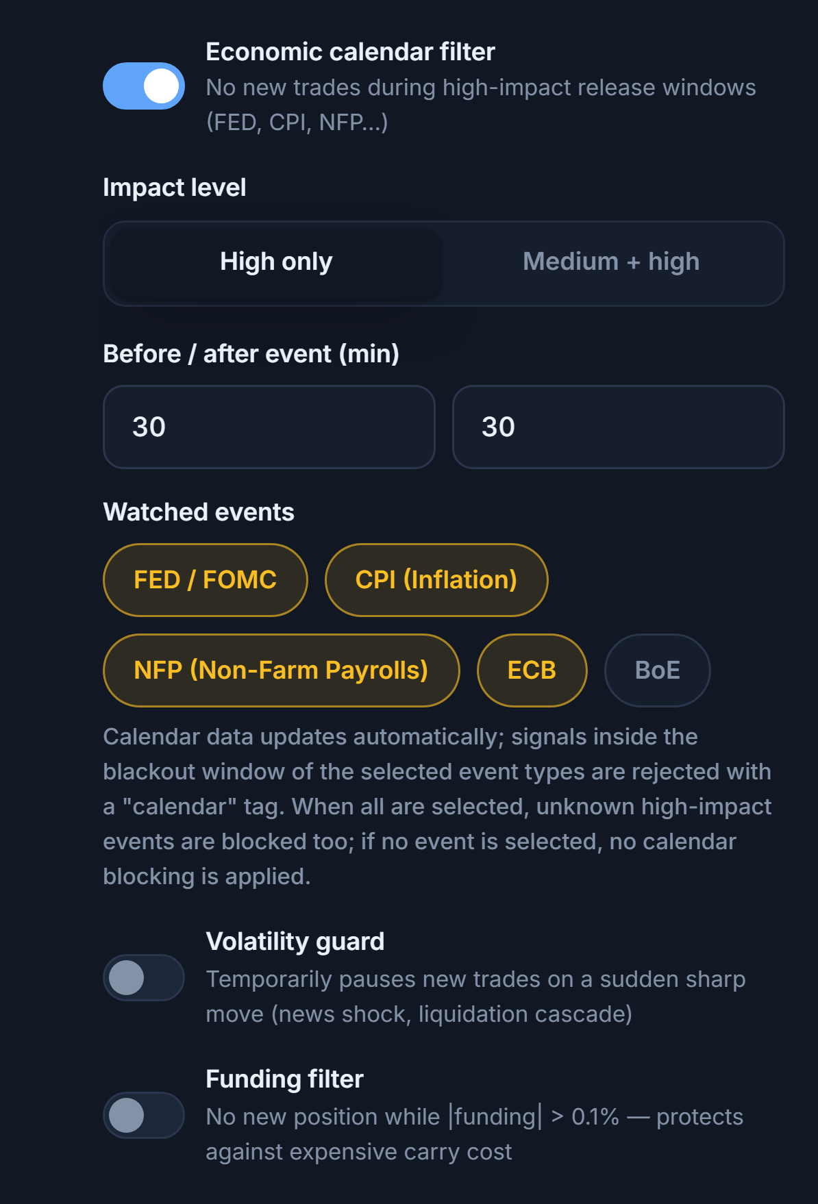 Protection Shield market column: economic calendar filter, impact level, minutes before and after the event, watched events, volatility guard, and funding filter