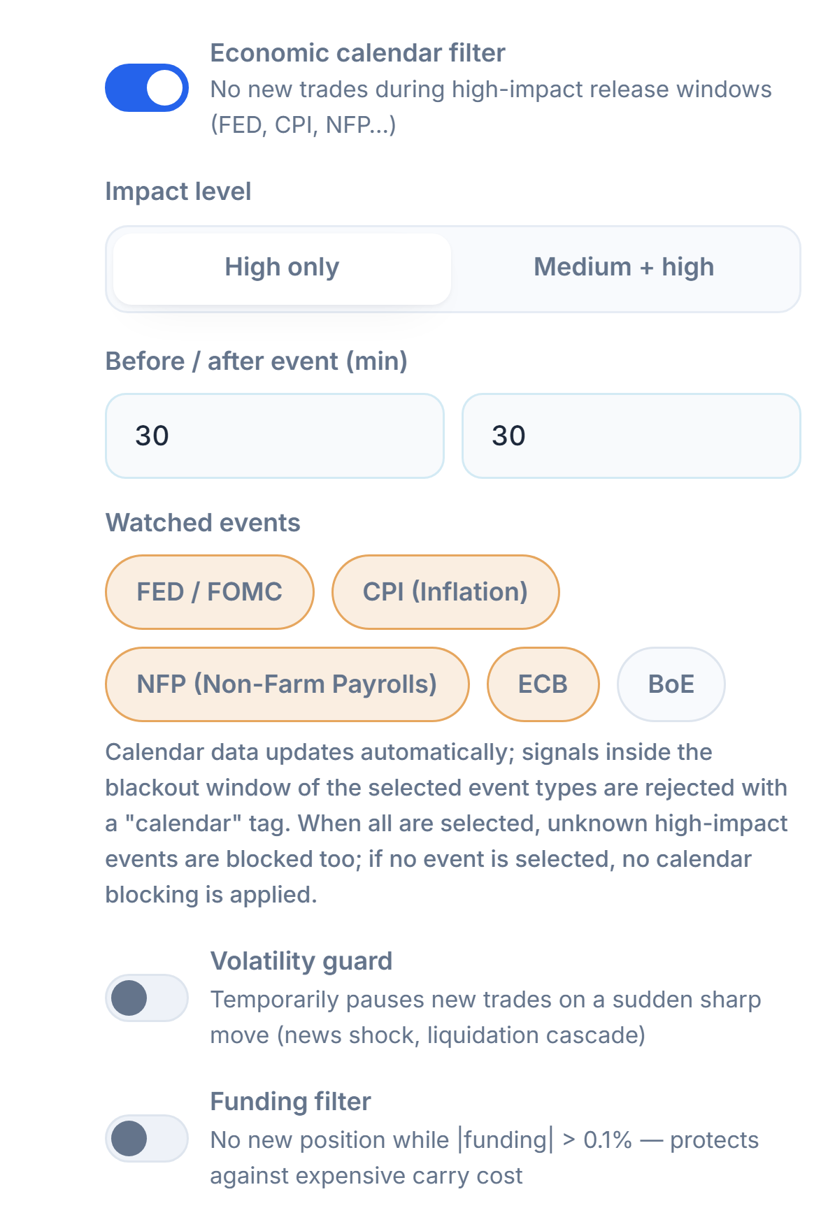 Protection Shield market column: economic calendar filter, impact level, minutes before and after the event, watched events, volatility guard, and funding filter