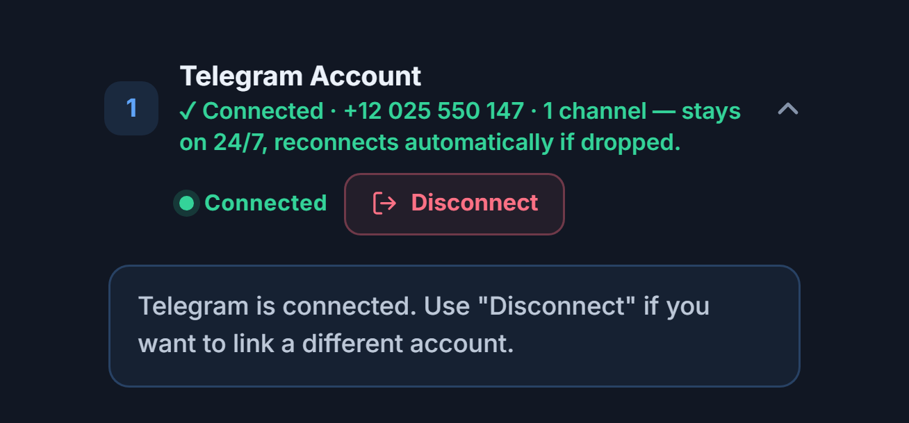 Telegram Account section after connecting: green Connected badge, Disconnect button, and the Telegram connected note