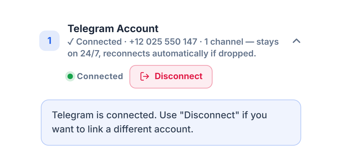 Telegram Account section after connecting: green Connected badge, Disconnect button, and the Telegram connected note