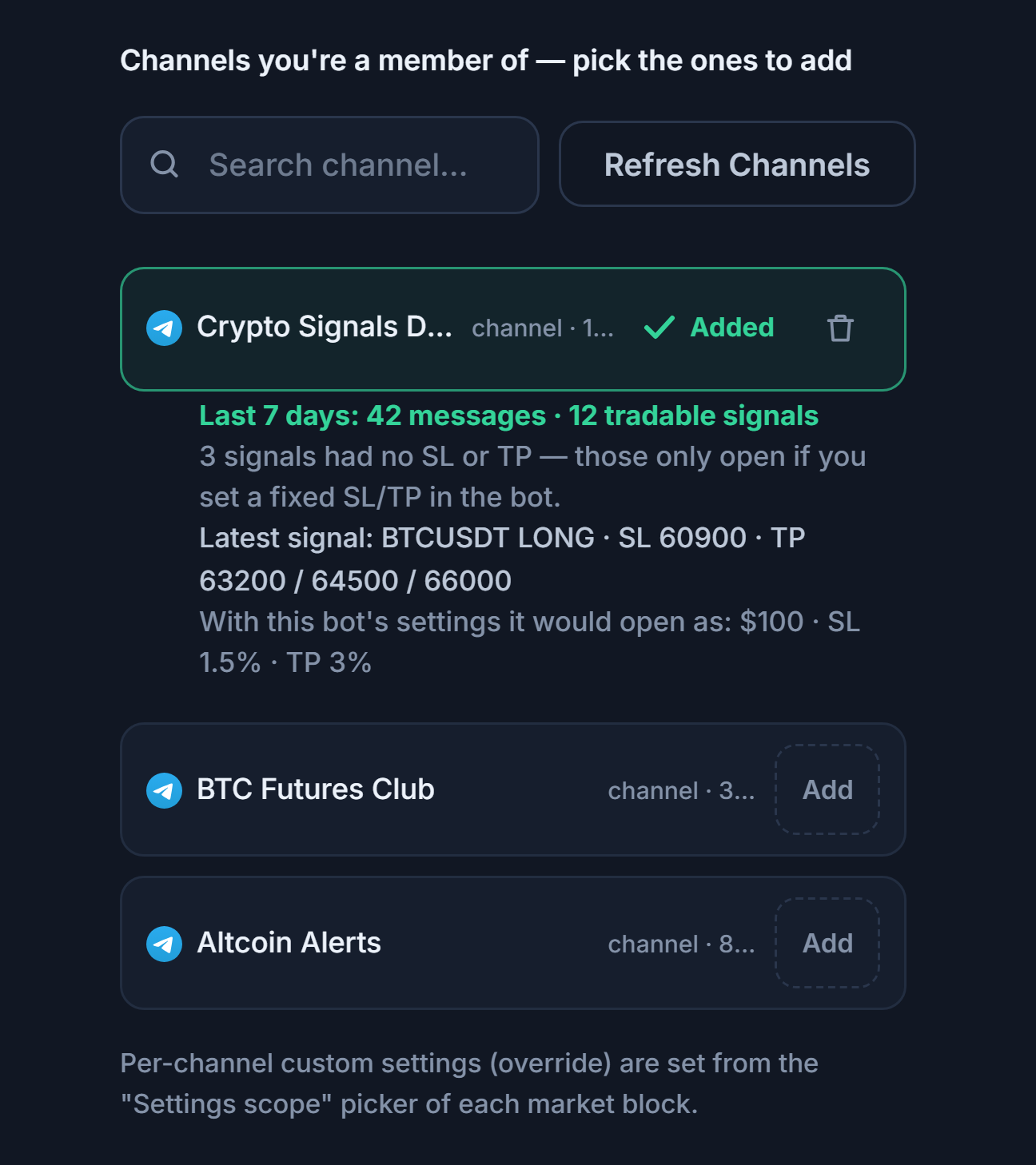 Signal Channels section after connecting: channel search box, Refresh Channels button, channels with Add buttons, an Added mark on one added channel, and a 7-day channel report card below it