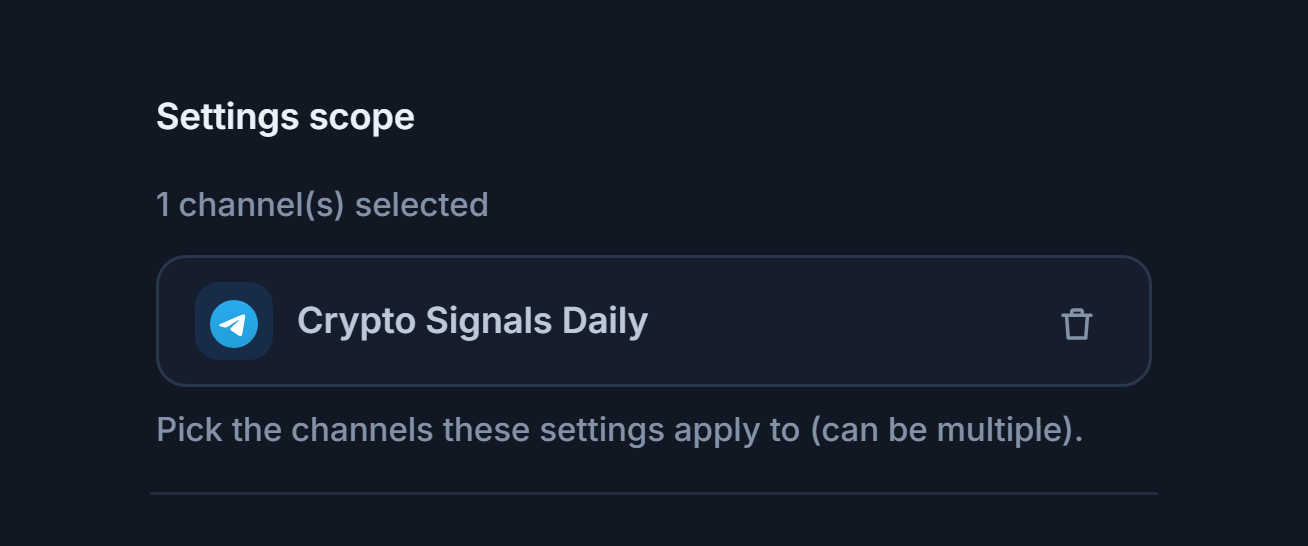 Settings scope section after adding a channel: a 1 channel selected counter, a selected channel chip with a green check, and the remove button on the chip