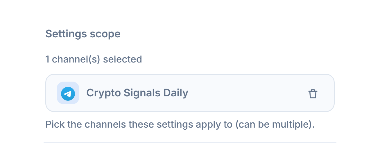 Settings scope section after adding a channel: a 1 channel selected counter, a selected channel chip with a green check, and the remove button on the chip
