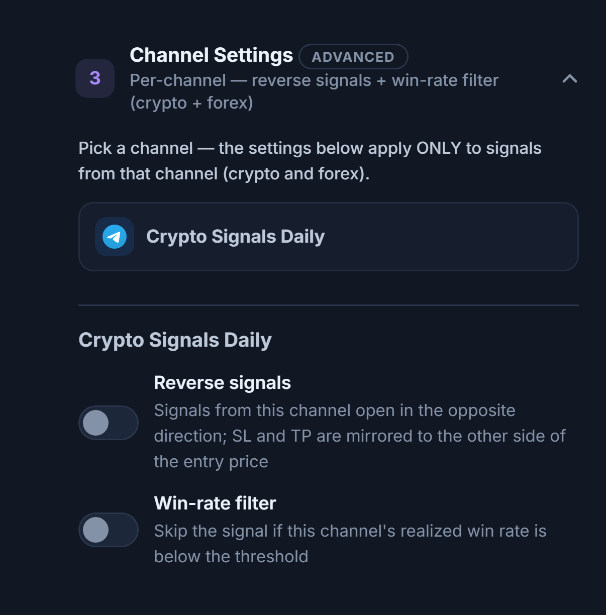 Channel Settings accordion: the selected channel row outlined, with the Reverse signals and Win-rate filter toggles below it