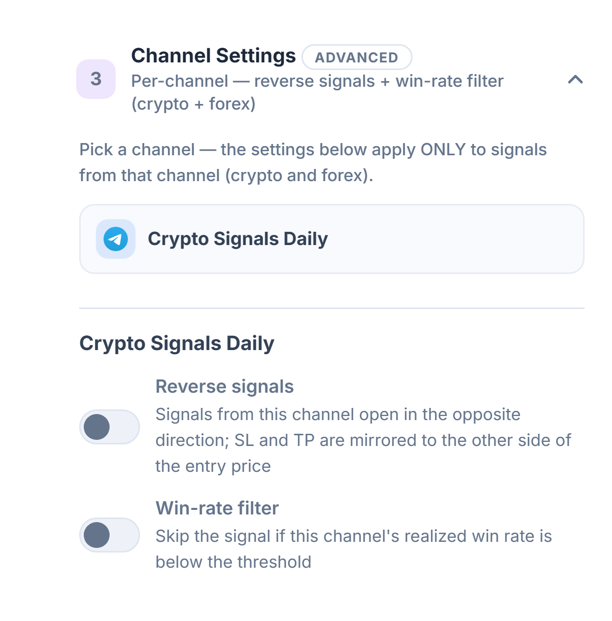 Channel Settings accordion: the selected channel row outlined, with the Reverse signals and Win-rate filter toggles below it