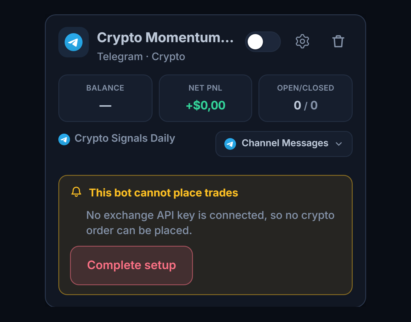 A newly created bot card in the My Bots panel: bot name and source, a This bot can't open trades list, and a Complete setup button