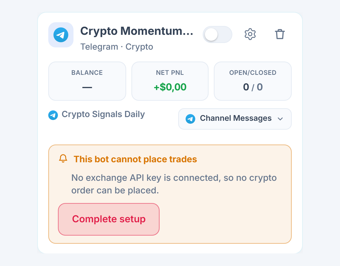 A newly created bot card in the My Bots panel: bot name and source, a This bot can't open trades list, and a Complete setup button