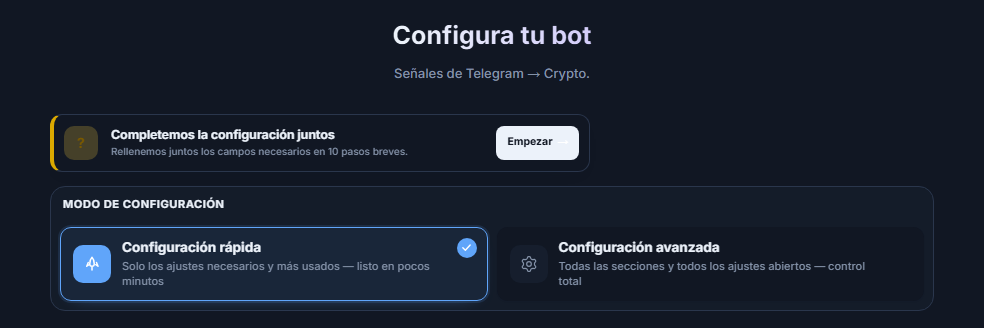Parte superior de la pantalla Configura tu bot: botón Empezar de la guía de configuración, tarjetas de Configuración rápida y Configuración avanzada