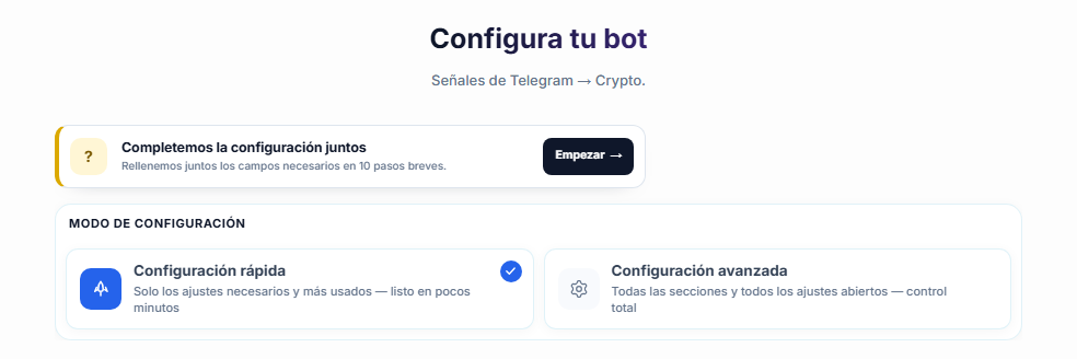 Parte superior de la pantalla Configura tu bot: botón Empezar de la guía de configuración, tarjetas de Configuración rápida y Configuración avanzada