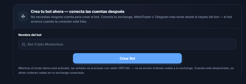 Panel Crea tu bot ahora: campo Nombre del bot y botón Crear Bot