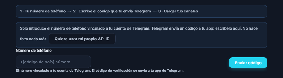 Conexión con Telegram: barra de pasos, campo Número de Teléfono y botón Enviar código