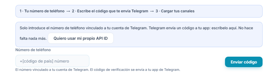 Conexión con Telegram: barra de pasos, campo Número de Teléfono y botón Enviar código