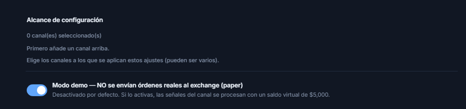 Parte superior de Configuración de Cripto: Alcance de configuración (0 canales seleccionados) e interruptor de modo Demo desactivado