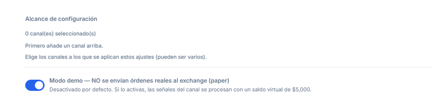 Parte superior de Configuración de Cripto: Alcance de configuración (0 canales seleccionados) e interruptor de modo Demo desactivado