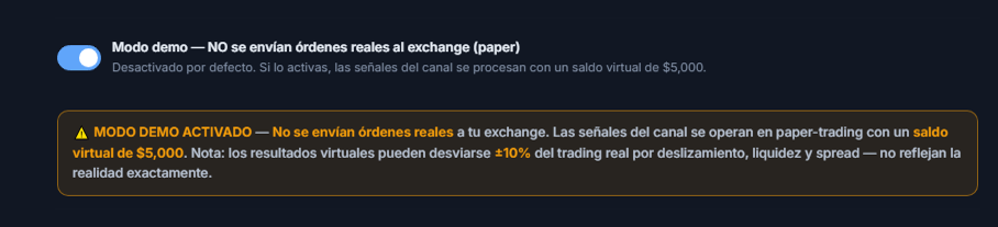 Modo demo activado: interruptor en posición activada y banner naranja de aviso MODO DEMO ACTIVADO