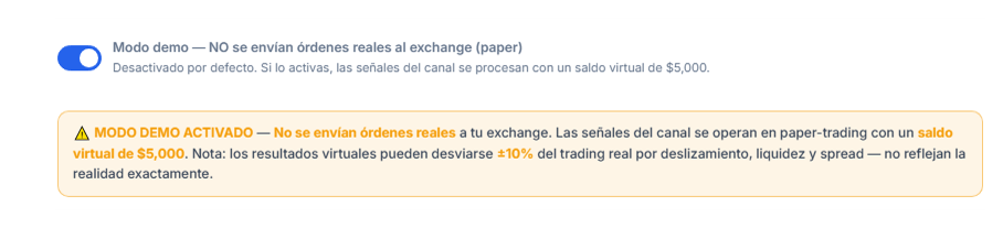 Modo demo activado: interruptor en posición activada y banner naranja de aviso MODO DEMO ACTIVADO