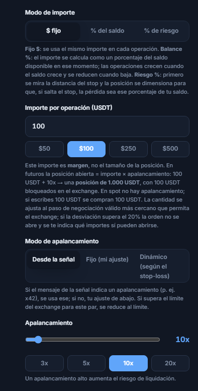 Tamaño de Posición y Apalancamiento: modo dólar fijo, importe por operación, modo de apalancamiento y control deslizante de apalancamiento