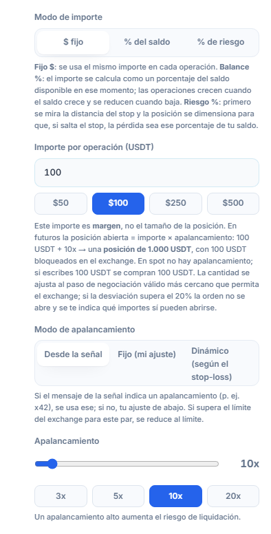 Tamaño de Posición y Apalancamiento: modo dólar fijo, importe por operación, modo de apalancamiento y control deslizante de apalancamiento