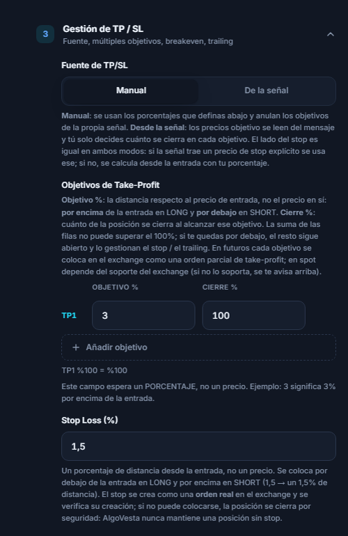 Gestión de TP/SL manual: fuente de TP/SL, tabla de objetivos de Take-Profit, Añadir objetivo y campo de porcentaje de Stop Loss