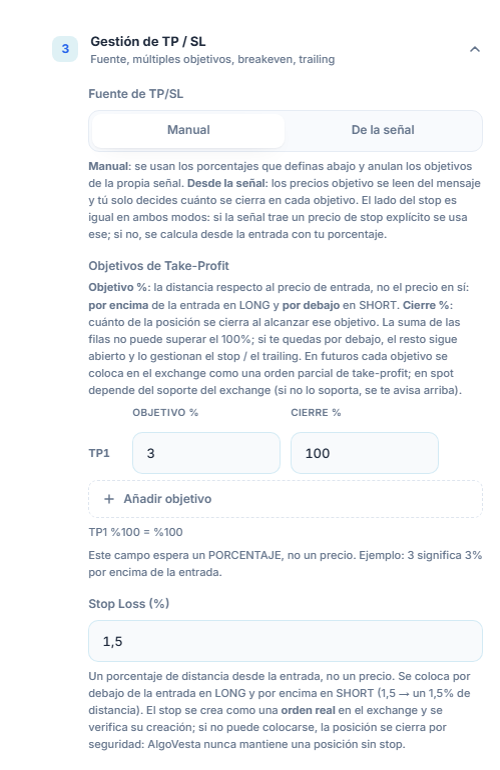 Gestión de TP/SL manual: fuente de TP/SL, tabla de objetivos de Take-Profit, Añadir objetivo y campo de porcentaje de Stop Loss