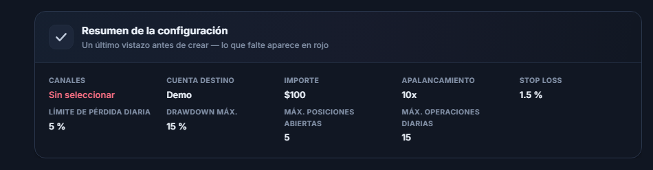 Resumen de configuración: campo Canal en rojo con No seleccionado, campo Cuenta destino con el texto Demo