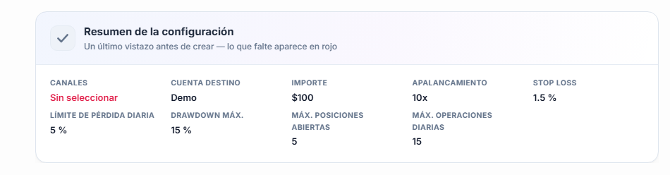 Resumen de configuración: campo Canal en rojo con No seleccionado, campo Cuenta destino con el texto Demo