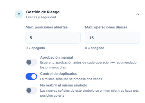 Gestión de Riesgo avanzada: máx. posiciones y operaciones diarias, Aprobación manual con aviso rojo, Control de duplicados, No reabrir el mismo símbolo, Permitir sin haberse cerrado (min)