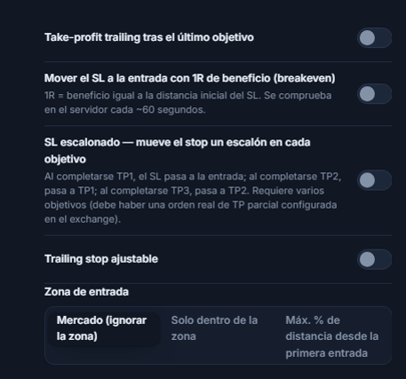Columna Gestión de SL/TP: take-profit trailing, breakeven, SL en escalera, trailing stop ajustable con campos de activación/retroceso, Zona de entrada