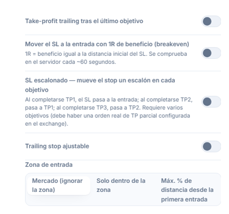 Columna Gestión de SL/TP: take-profit trailing, breakeven, SL en escalera, trailing stop ajustable con campos de activación/retroceso, Zona de entrada