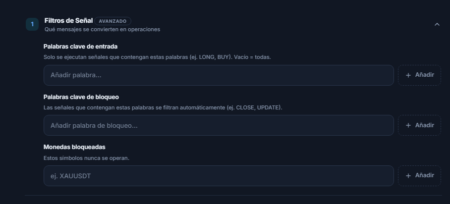 Filtros de Señal: Palabras clave de entrada, Palabras clave de bloqueo y Monedas bloqueadas