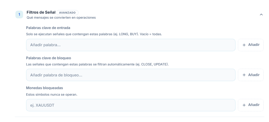 Filtros de Señal: Palabras clave de entrada, Palabras clave de bloqueo y Monedas bloqueadas