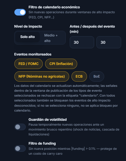 Escudo de Protección, columna de mercado: filtro de calendario económico, nivel de impacto, minutos antes y después del evento, eventos monitoreados, guardián de volatilidad y filtro de funding