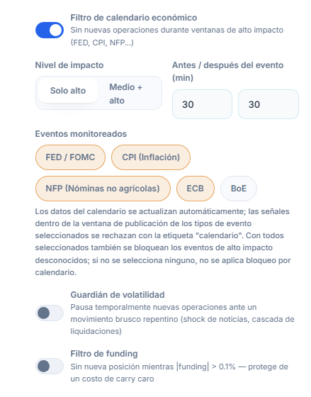 Escudo de Protección, columna de mercado: filtro de calendario económico, nivel de impacto, minutos antes y después del evento, eventos monitoreados, guardián de volatilidad y filtro de funding