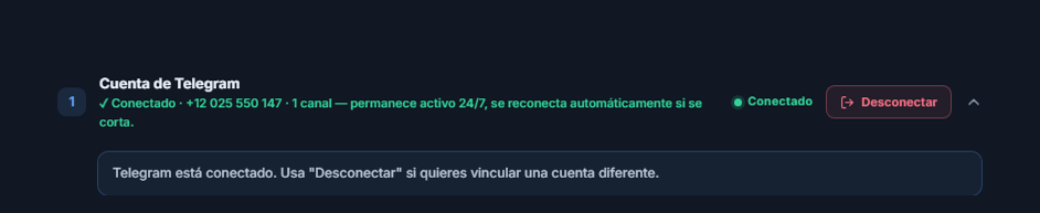 Sección Cuenta de Telegram ya conectada: insignia verde Conectado, botón Desconectar y nota de Telegram conectado