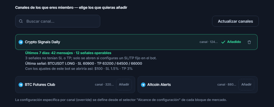 Sección Canales de señales tras conectar: cuadro de búsqueda de canales, botón Actualizar canales, canales con botón Agregar, marca Agregado en un canal añadido y debajo la ficha de 7 días del canal