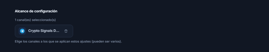 Sección Alcance de configuración tras añadir un canal: contador de 1 canal seleccionado, chip del canal seleccionado con marca verde y botón para eliminarlo en el chip