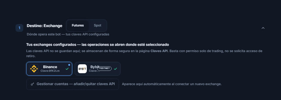 Sección Destino: Exchange tras conectar la clave API: selector Futures/Spot, tarjeta de Binance seleccionada con borde azul, tarjeta de Bybit con insignia TESTNET y enlace Administrar cuentas